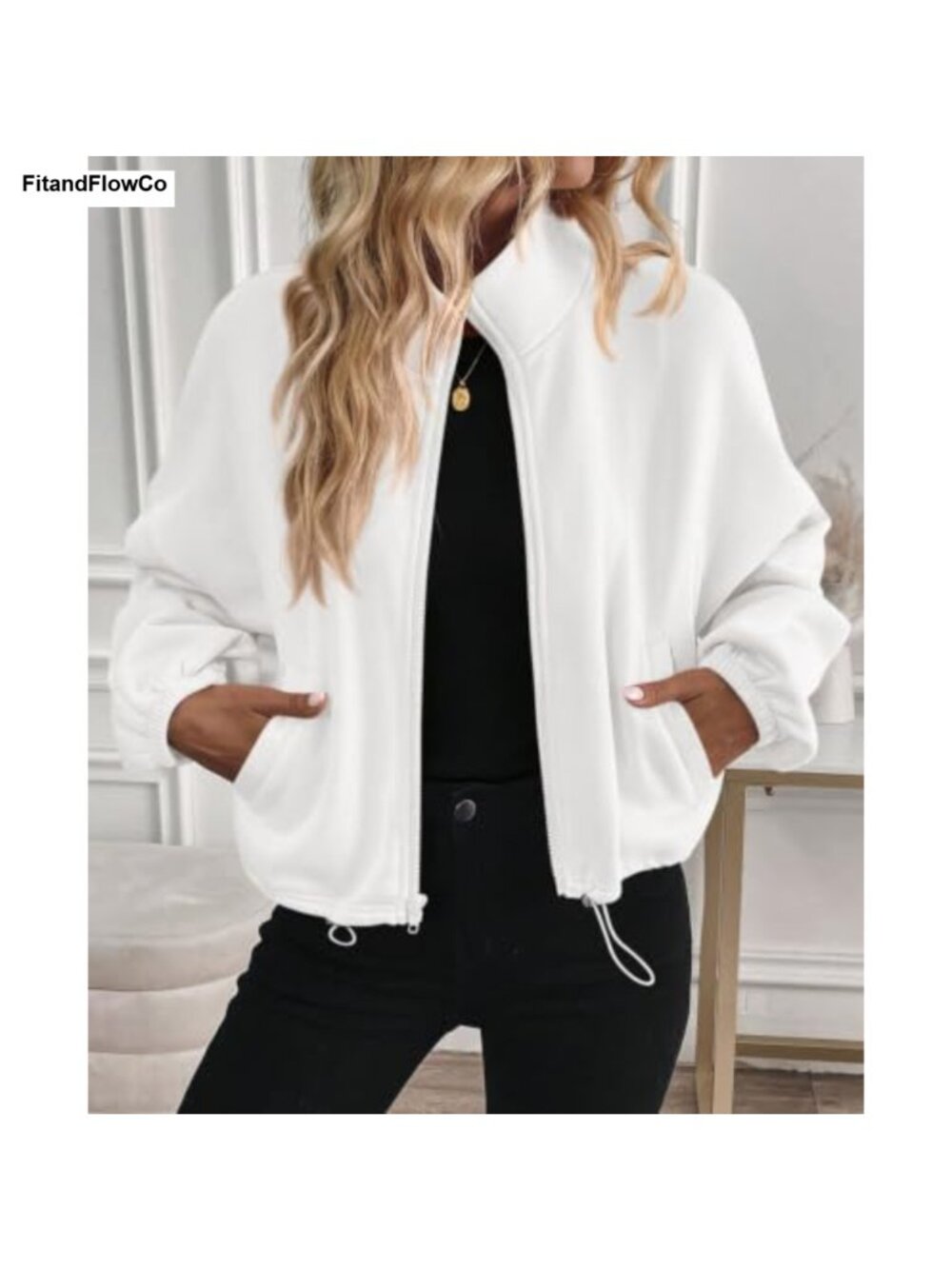 Cropped Fleece Zip Up Sweatshirt Stand Collar Drawstring Hem Pockets - Picture 4 of 6
